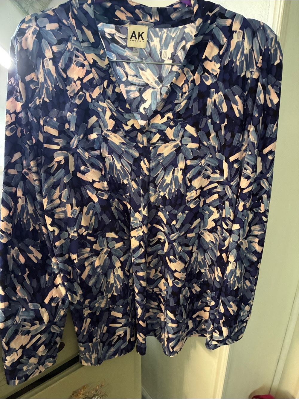 Anne Klein Navy, Light Pink & Soft Blue Abstract V-Neck Blouse